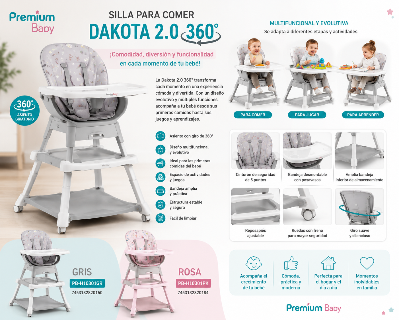 Premium Baby Silla para Comer Dakota 2.0 360° – Gris / Rosa     🩶 Gris – PB-H10301GR / 7453132820160
🩷 Rosa – PB-H10301PK / 7453132820184 💛