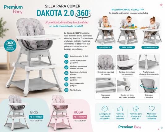 Premium Baby Silla para Comer Dakota 2.0 360° – Gris / Rosa     🩶 Gris – PB-H10301GR / 7453132820160
🩷 Rosa – PB-H10301PK / 7453132820184 💛