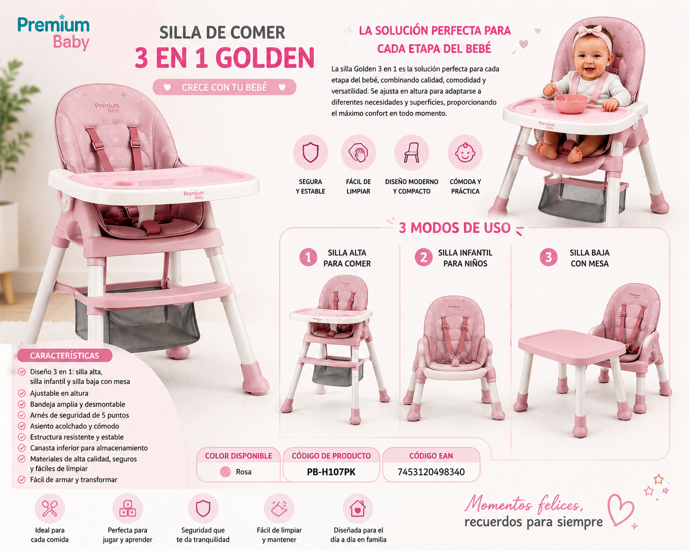 Premium Baby Silla de Comer 3 en 1 Golden – Rosa PB-H107PK 💛
