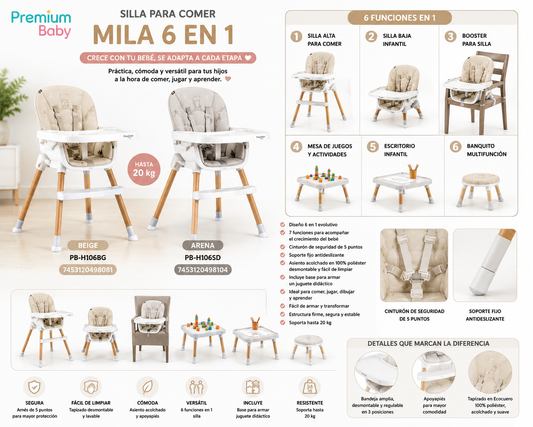 Premium Baby Silla para Comer Mila 6en1 -  🍽️✨                        🤍 Beige – PB-H106BG – 7453120498081
🩶 Arena – PB-H106SD – 7453120498104 💛