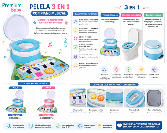 Premium Baby Pelela 3 en 1 con Piano Musical 👶🎹🚽✨                💙 Azul – PB-B201AZ – 7453120440561
🩷 Rosa – PB-B201PK – 7453120440578 💛