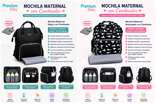 Premium Baby Mochila Maternal con Cambiador 👶🎒🍼                 🖤 Mochila Maternal Negra con Cambiador - PB-AA001                  🖤🤍 Mochila Maternal Estampada con Cambiador - PB-AA003 💛