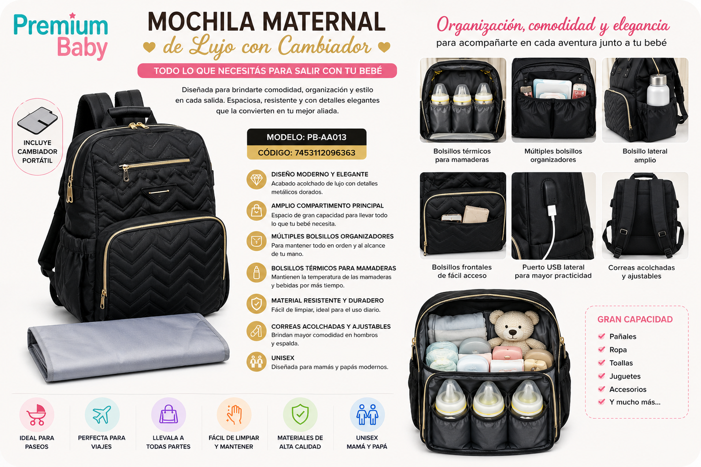 Premium Baby Mochila Maternal con Cambiador 👶🎒🍼                 🖤✨ Mochila Maternal Negra de Lujo con Cambiador
📦 Modelo: PB-AA013 💛