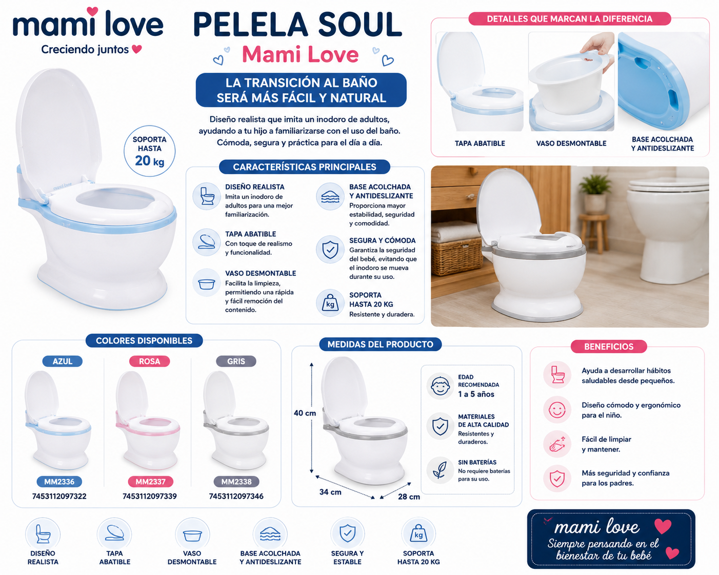 Mami Love Pinico Pelela Soul 🚽✨  💙 Azul – MM2336 – 7453112097322 💚
🩷 Rosa – MM2337 – 7453112097339 💚
🩶 Gris – MM2338 – 7453112097346 💛