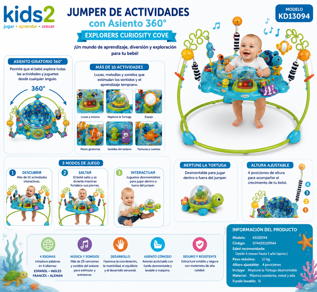 Kids2 Jumper de Actividades con Asiento 360° Explorers Curiosity Cove - KD13094  🌊👶🐢💛