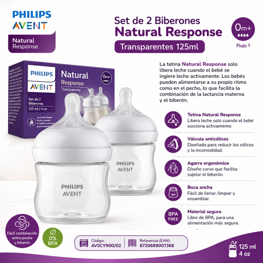 Philips Avent Set de 2 Biberones Natural Response Transparentes 125 ml – AVSCY900/02 / 8720689007368 💚