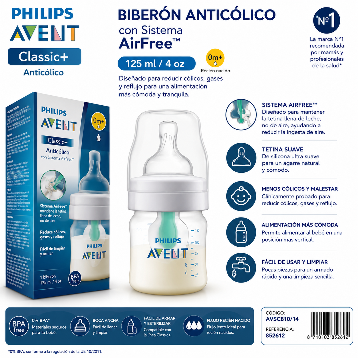 Philips Avent Biberón Classic Anticólico con Sistema AirFree 125 ml 0M+ SCF810/14 💙🩷💚