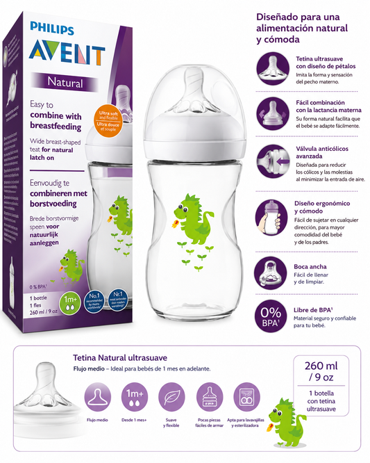 Philips Avent Biberón Natural 260 ml con Diseño Dragón Verde y Tetina Ultrasuave 7024 - 876526 🍼💚