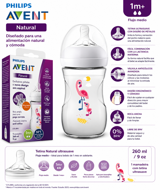 Philips Avent Biberón Natural 260 ml con Diseño Flamenco y Tetina Ultrasuave – 7021 / 870043 🩷💚