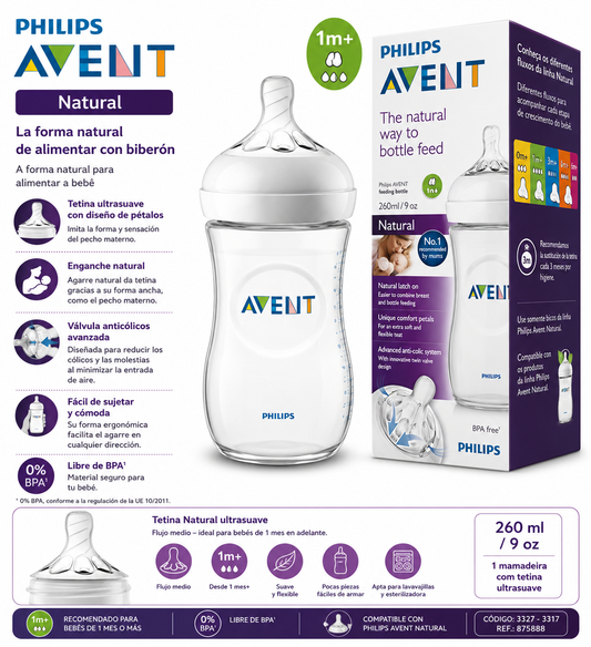 Avent biberón natural 260ml transparente c/tetina ultrasuave 3327 - 875888 🩵🩷✨