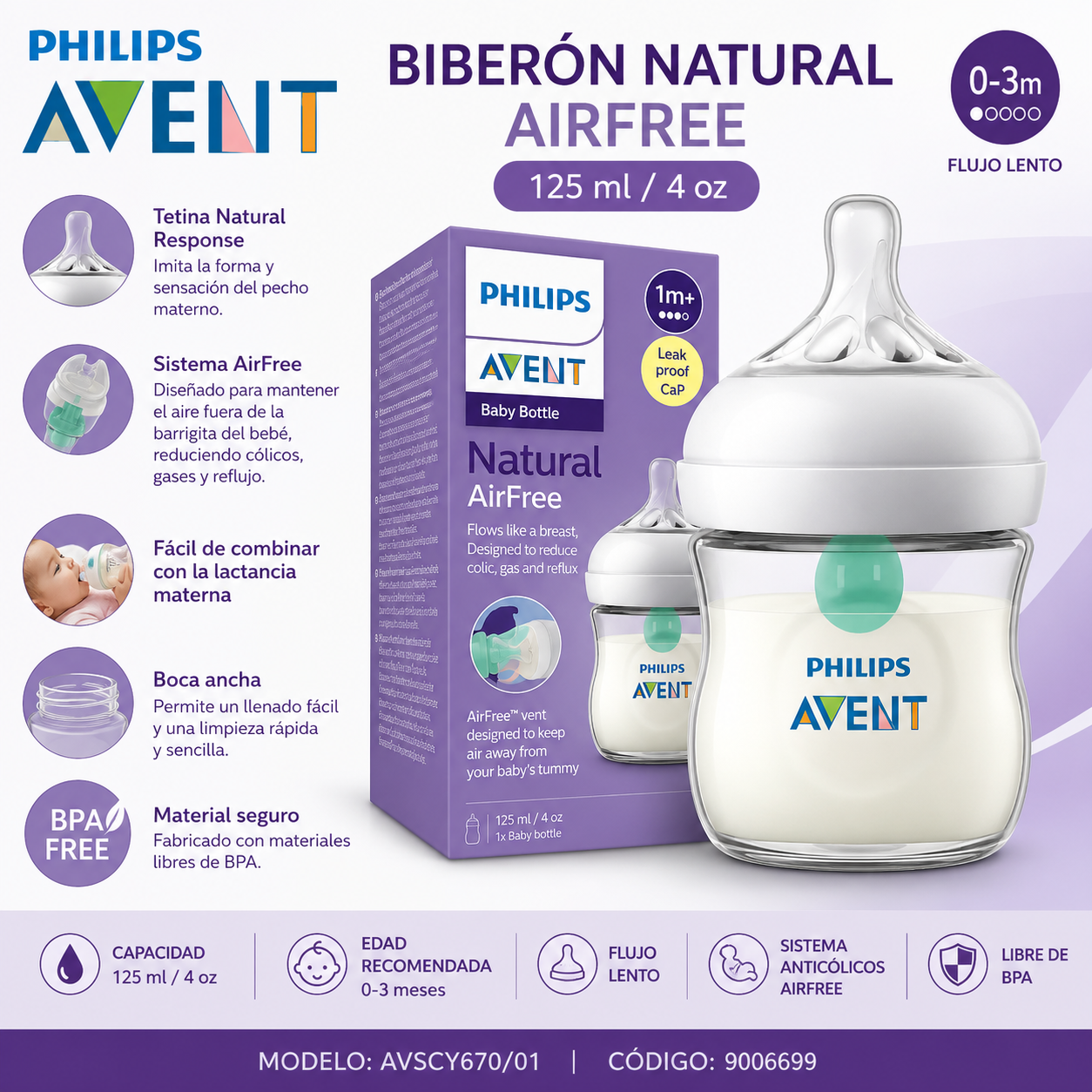 Avent biberón Natural AirFree 125 ml / 4 oz – AVSCY670/01 / 9006699