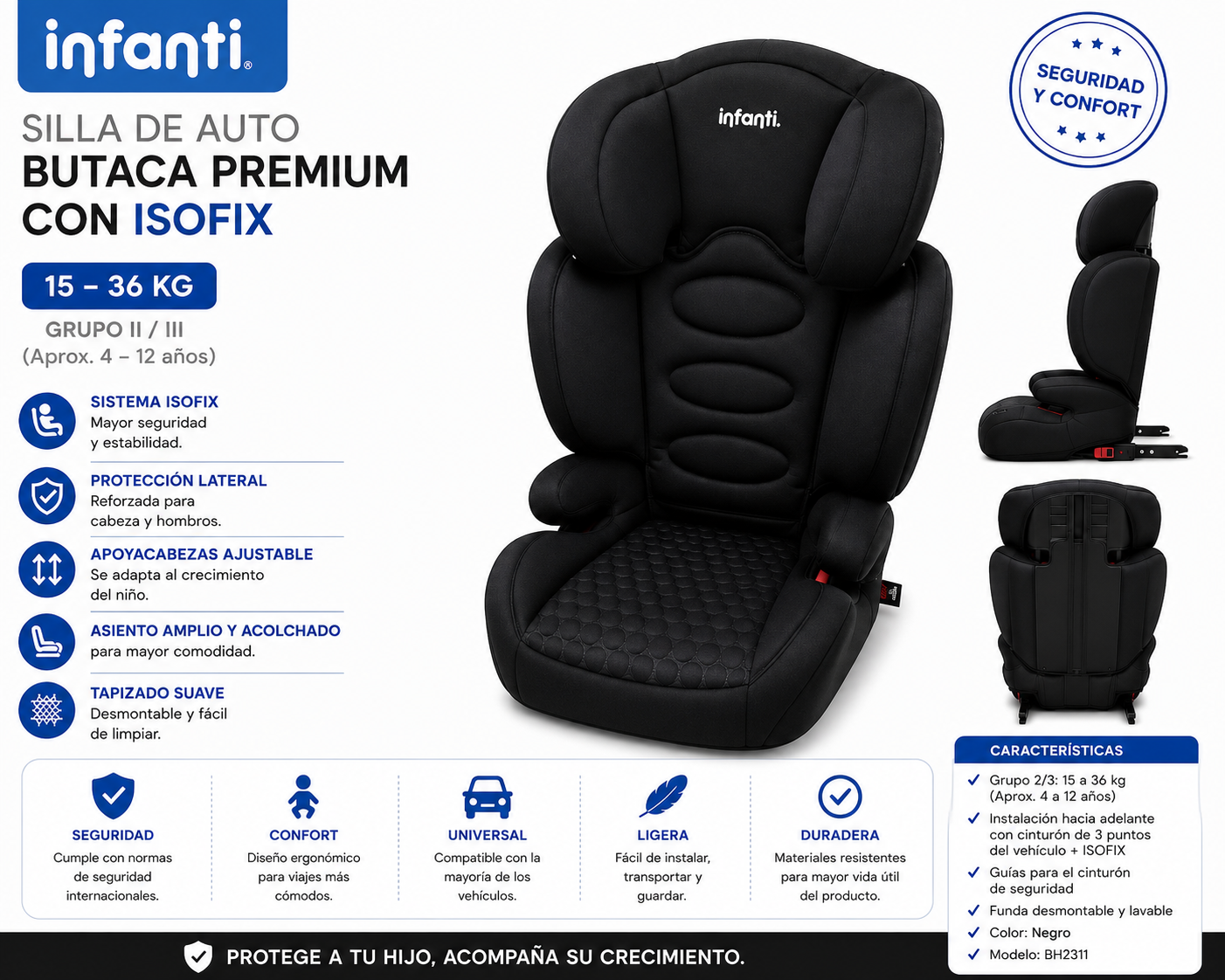 Infanti Silla de Auto Butaca Premium con Isofix Black 15–36 kg - BH2311