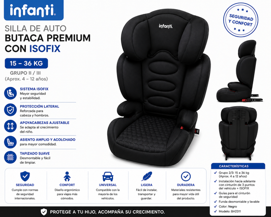 Infanti Silla de Auto Butaca Premium con Isofix Black 15–36 kg - BH2311