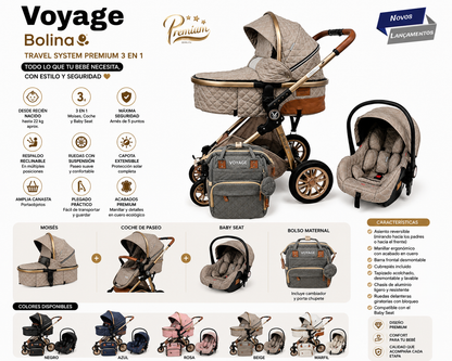 Voyage Bolina Carrito & Moises Baby Stroller Travel System Premium 3 en 1 ✨.  
¡Elegancia, confort y funcionalidad desde el nacimiento!