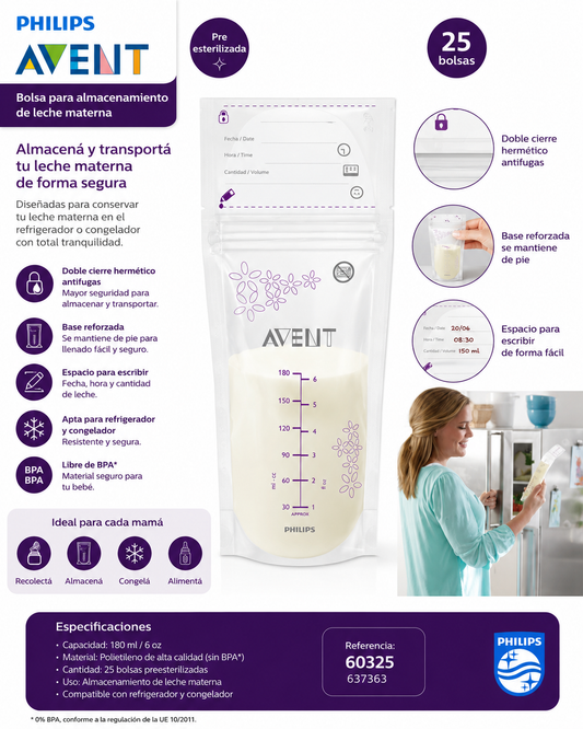 Avent Maternidad Bolsa para Almacenamiento de Leche Materna Pack x25 – 60325 - 637363
