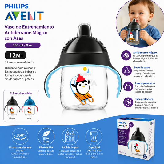 Avent Vaso de Entrenamiento Antiderrame Mágico con Asas 260ml – Negro Pingüino 12M+ 75303
