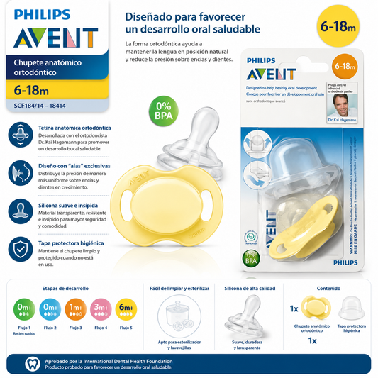 Avent Chupete Anatómico Ortodóntico Color Amarillo 6–18M – SCF184/14 / 18414
✨ ¡Diseñado para favorecer un desarrollo bucal saludable!