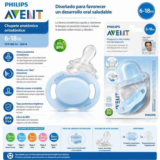 Avent Chupete Anatómico Ortodóntico Color Celeste 6–18M – SCF184/14 / 18414
✨ ¡Diseñado para favorecer un desarrollo bucal saludable!