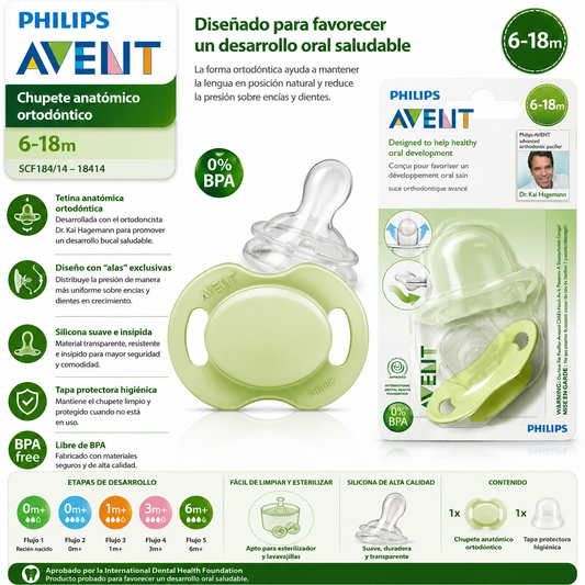 Avent Chupete Anatómico Ortodóntico Color Verde Água 6–18M – SCF184/14 / 18414
✨ ¡Diseñado para favorecer un desarrollo bucal saludable!