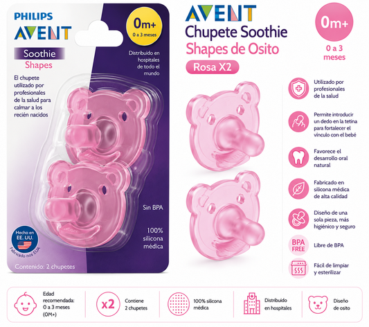 Avent Chupete Soothie Shapes de Osito X2 0M+ 
Rosa: SCF194/02 (19402) 🩷