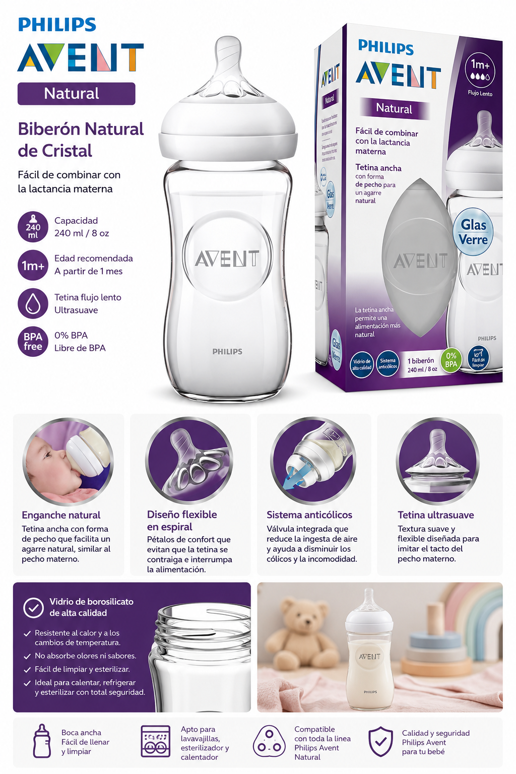 Avent Biberón Natural Vidrio 240 ml c/Tetina Ultrasuave – AVSC53/17 – 876212
🍼 Alimentación natural, cómoda y segura para tu bebé.