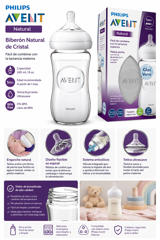 Avent Biberón Natural Vidrio 240 ml c/Tetina Ultrasuave – AVSC53/17 – 876212
🍼 Alimentación natural, cómoda y segura para tu bebé.