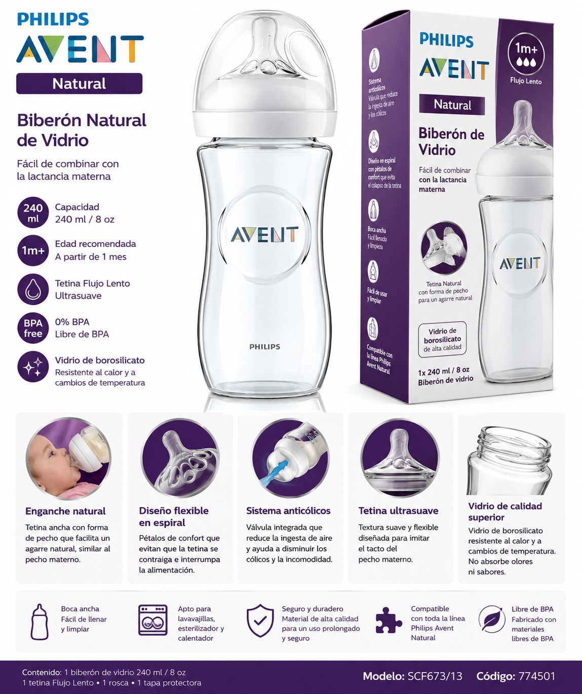 Avent Biberón Natural de Vidrio 240 ml 1M+ SCF673/13 - 774501
🍼 La combinación perfecta entre lactancia materna y biberón, con la pureza y resistencia del vidrio.