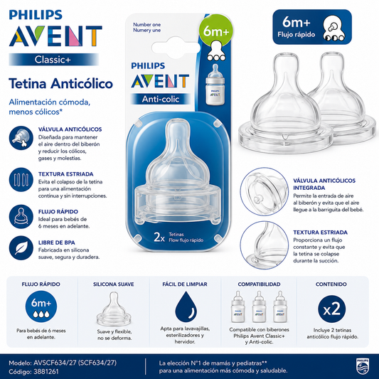 Avent Tetina Classic Anticólico Flujo Rápido Pack x2 6M+
SCF 634/27 -  881261                    🍼 Alimentación continua y cómoda para bebés de 6 meses en adelante.