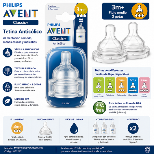 Avent Tetina Classic Anticólico 3M+ Pack x2 (3 Gotas)
SCF633/27 - 881247
🍼 Flujo medio para acompañar el crecimiento de tu bebé.