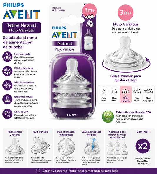 Avent Tetina Natural Fluidos Variables Pack x2 3M+
4527 (SCF655/27) - 874058
🍼 Flujo ajustable para adaptarse a las necesidades de alimentación de tu bebé.