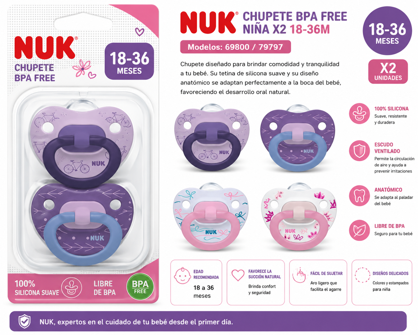 Nuk Chupete BPA Free Niña X2 18–36M - 69800 / 79797
Edad 18 a 36 meses - 2 chupetes