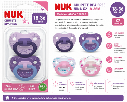Nuk Chupete BPA Free Niña X2 18–36M - 69800 / 79797
Edad 18 a 36 meses - 2 chupetes