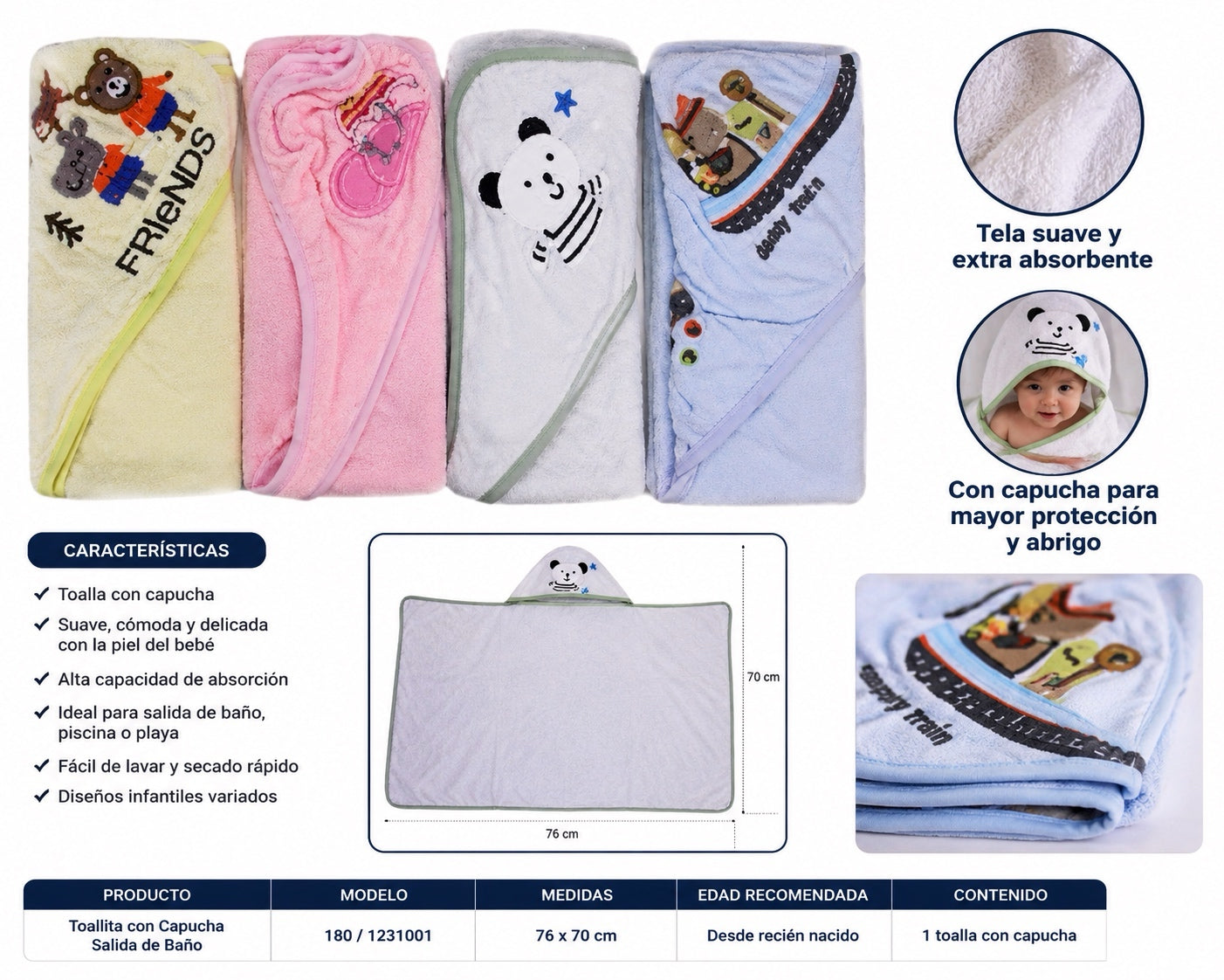 Baby Toallita con Capucha Salida de Baño 76 × 70 cm - 1231001