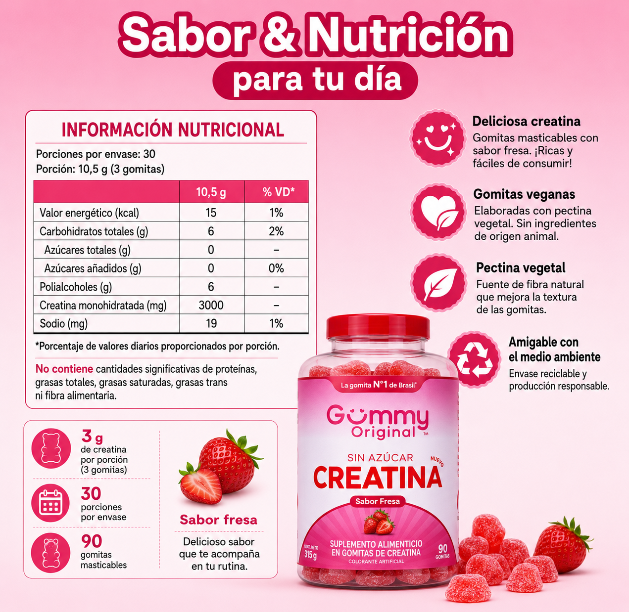 Gummy® Creatina Morango 315g

* 90 gomitas masticables
* Sabor: Fresa
* Contenido neto: 315 g
* 30 porciones por envase
* 3 g de creatina monohidratada por porción (3 gomitas)
* Sin azúcar
* Gomitas veganas elaboradas