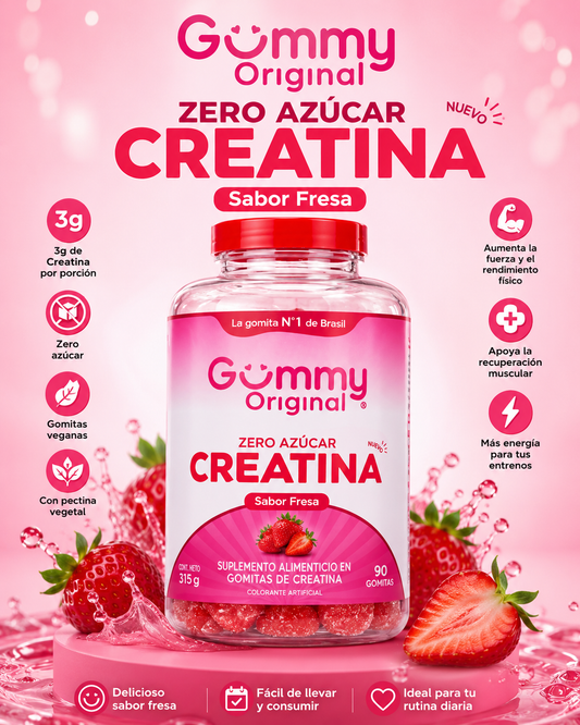 Gummy® Creatina Morango 315g

* 90 gomitas masticables
* Sabor: Fresa
* Contenido neto: 315 g
* 30 porciones por envase
* 3 g de creatina monohidratada por porción (3 gomitas)
* Sin azúcar
* Gomitas veganas elaboradas
