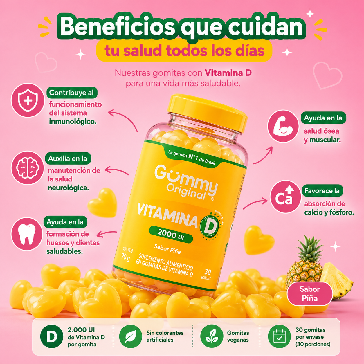 Gummy® Vitamina D 2000 UI – Sabor Piña (90 g)                          💛 2000 UI de Vitamina D
* 🦴 Fortalece huesos y dientes
* 🛡️ Apoya el sistema inmunológico
* 💪 Contribuye al funcionamiento muscular
* 🧠 Favorece la salud neurológica
* 🥭 Delicios