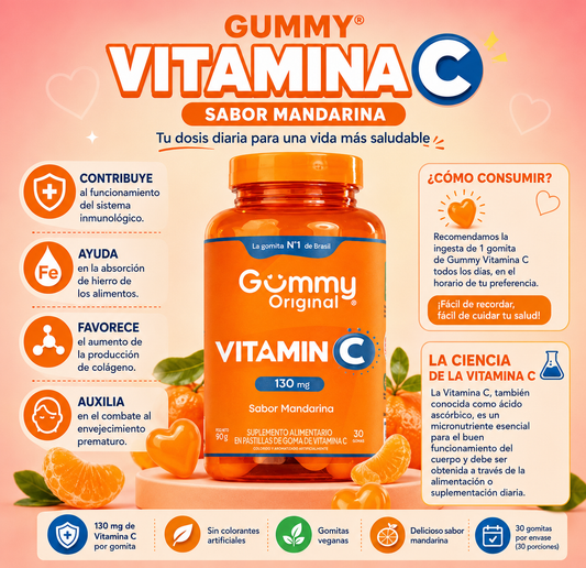 Gummy Original® Vitamina C 130 mg – Sabor Mandarina                     * 🍊 130 mg de Vitamina C por gomita
* 🛡️ Fortalece el sistema inmunológico
* 🩸 Favorece la absorción del hierro
* ✨ Contribuye a la producción de colágeno
* 💚 Gomitas veganas
* 🚫