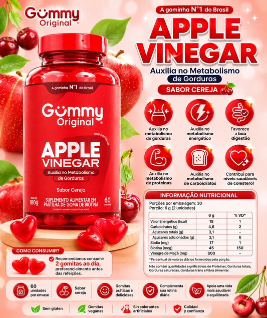 Gummy Original Apple Vinegar
Sabor Cereza 🍎 Apoya el metabolismo de grasas.
⚡ Contribuye al metabolismo energético.
🥩 Favorece el metabolismo de proteínas.
🍞 Ayuda al metabolismo de carbohidratos.
😋 Contribuye a una buena