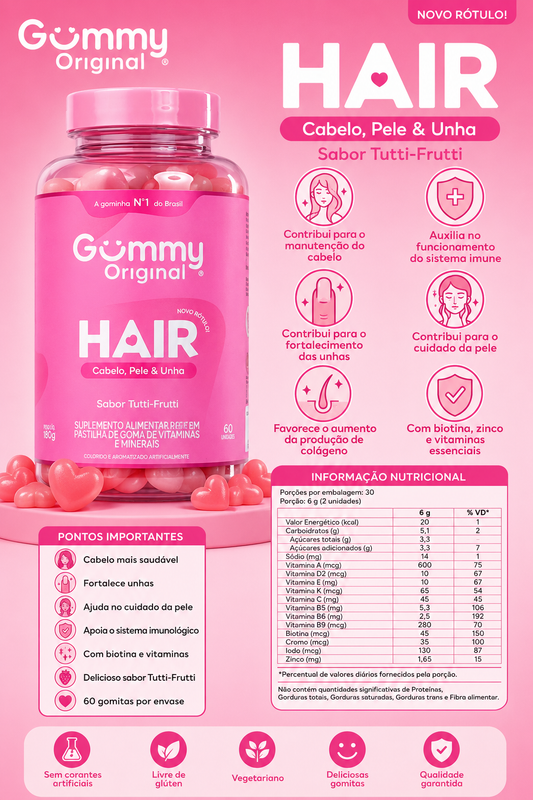 Gummy Original Hair – Cabello, Piel & Uñas (60 gomitas) 💗              * 💇 Cabello más saludable.
* 💅 Fortalece uñas.
* 🌸 Ayuda al cuidado de la piel.
* 🛡️ Apoya el sistema inmunológico.
* ✨ Con biotina y vitaminas.
* 🍓 Sabor Tutti-Frutti.
* 💗 60 g