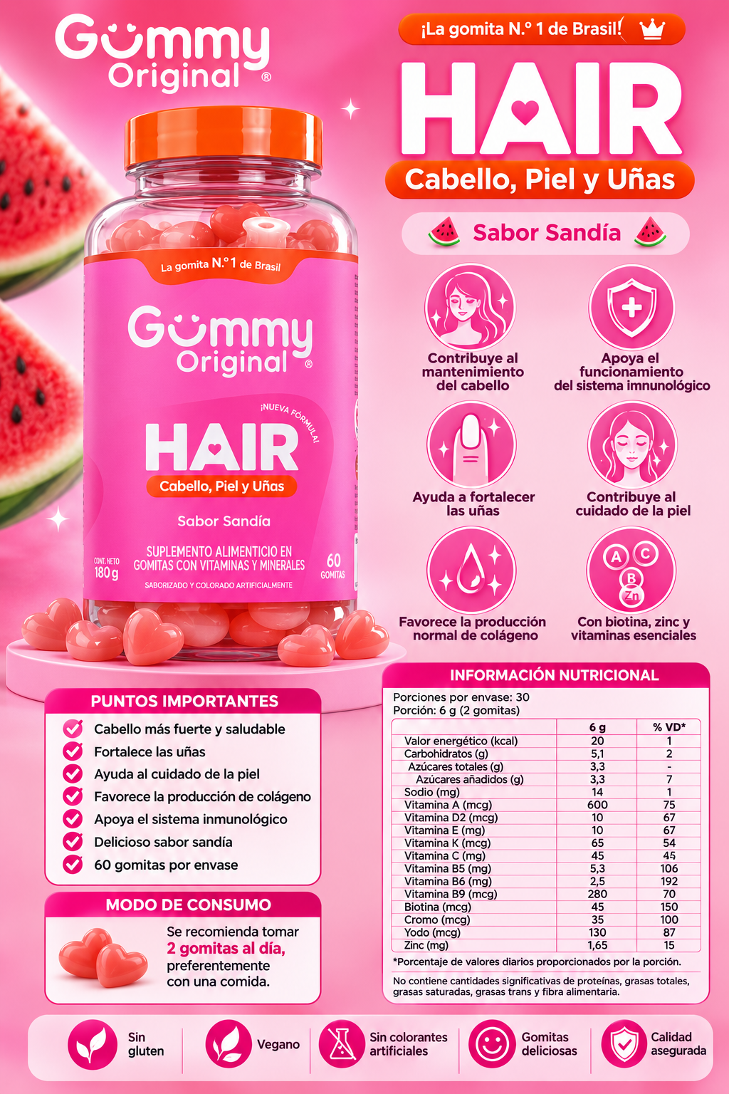 Gummy Original Hair – Cabello, Piel & Uñas 🍉💗                                ✨ Beneficios 
* 💇 Contribuye al mantenimiento del cabello.
* 💅 Ayuda a fortalecer las uñas.
* 🌸 Favorece el cuidado y mantenimiento de la piel.
* ✨ Favorece la producción no