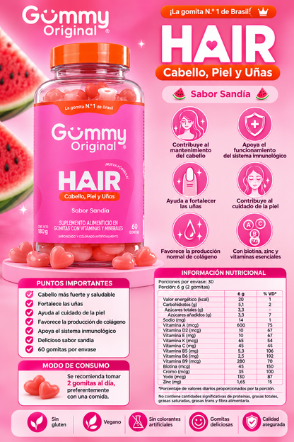 Gummy Original Hair – Cabello, Piel & Uñas 🍉💗                                ✨ Beneficios 
* 💇 Contribuye al mantenimiento del cabello.
* 💅 Ayuda a fortalecer las uñas.
* 🌸 Favorece el cuidado y mantenimiento de la piel.
* ✨ Favorece la producción no