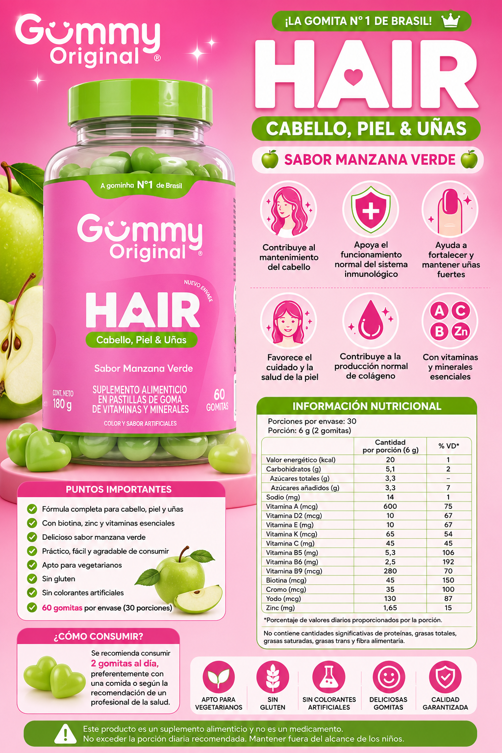 Gummy Original Hair – Cabello, Piel y Uñas
Sabor Manzana Verde 🍏 | 60 gomitas
