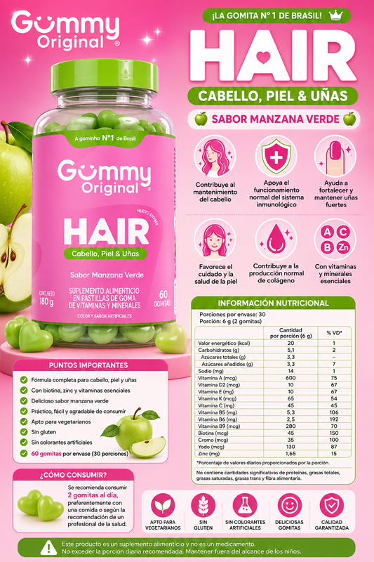 Gummy Original Hair – Cabello, Piel y Uñas
Sabor Manzana Verde 🍏 | 60 gomitas