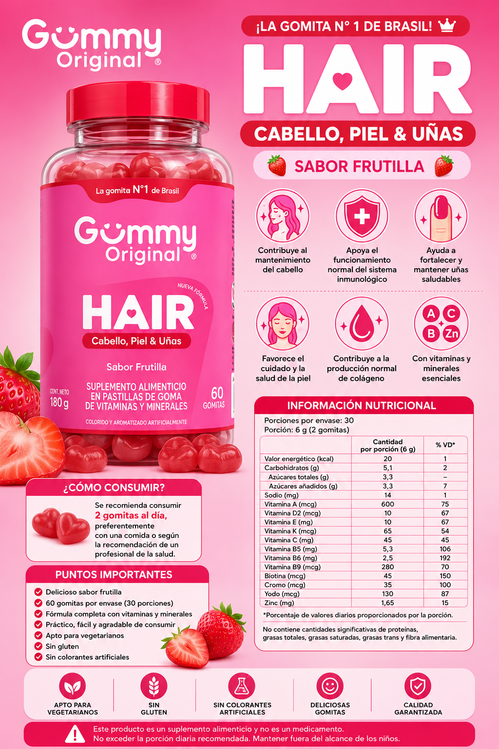 Gummy Original Hair – Cabello, Piel y Uñas
Sabor Frutilla 🍓 | 60 gomitas