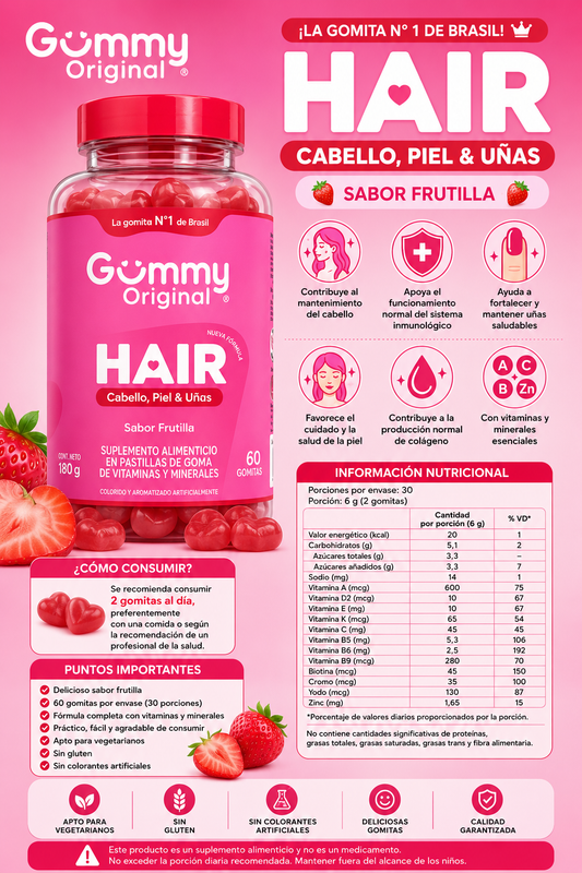 Gummy Original Hair – Cabello, Piel y Uñas
Sabor Frutilla 🍓 | 60 gomitas