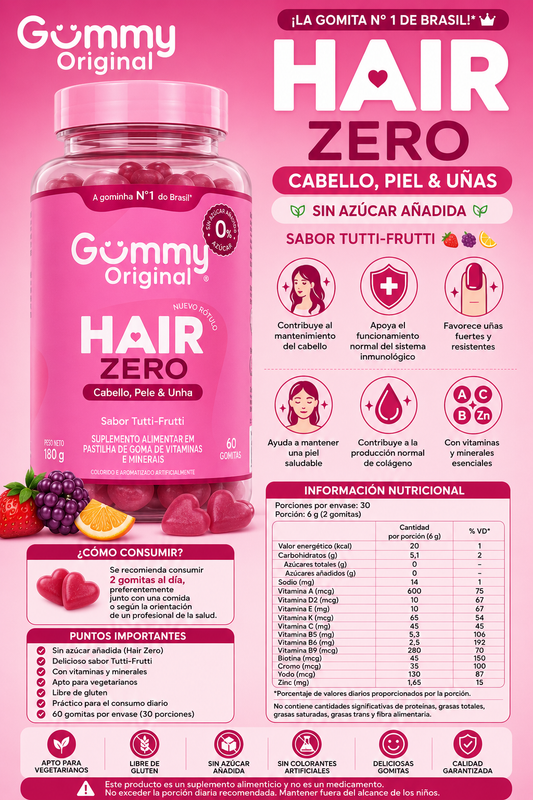 Gummy Original Hair Zero – Cabello, Piel y Uñas (Sabor Tutti-Frutti)