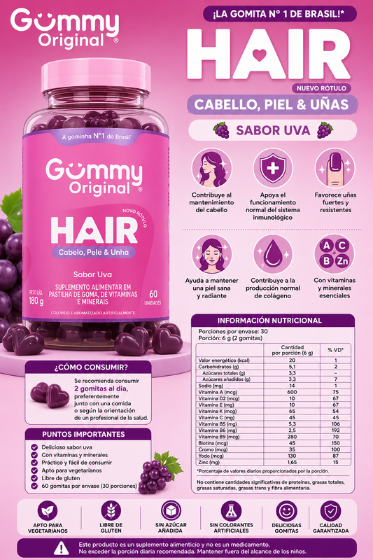 Gummy Original Hair – Cabello, Piel y Uñas (Sabor Uva)