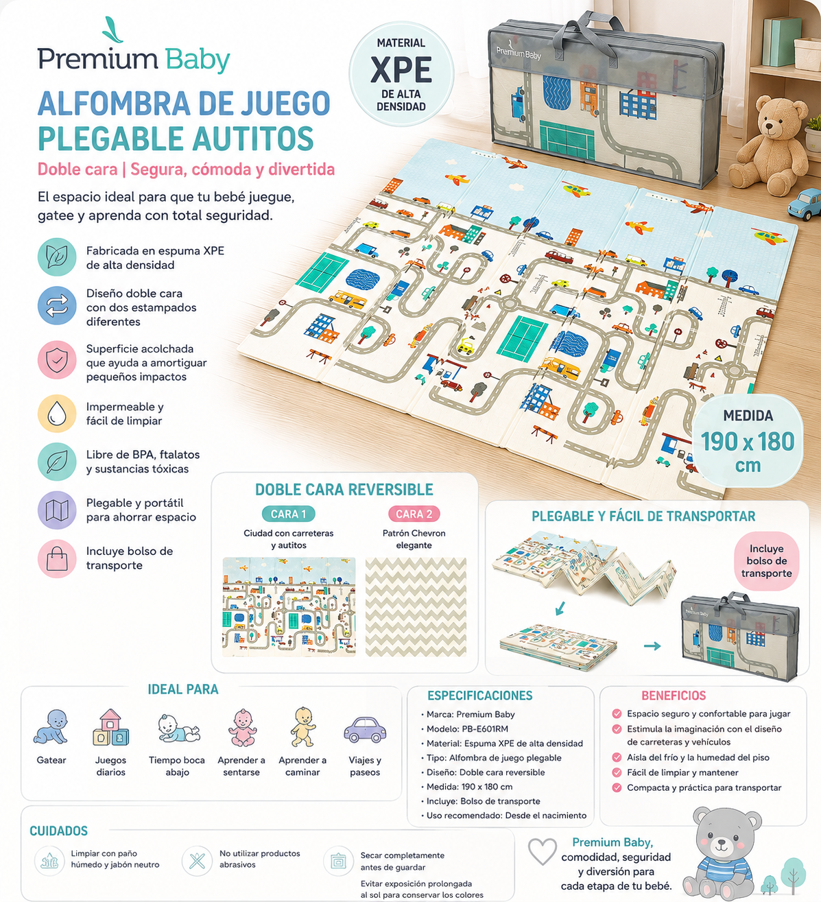 Premium Baby Alfombra de Juego Plegable – Autitos 190x180x1cm 
PB-E601RM