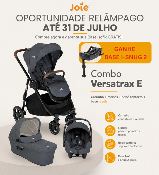 Joie Combo Versatrax E 
El Joie Combo Versatrax E es un sistema de viaje premium diseñado para acompañar el crecimiento de tu bebé desde el nacimiento. Incluye un cochecito Versatrax E, un moisés, un huevito (bebé confort) la Base Isofix i-Snug 2 GRÁTIS