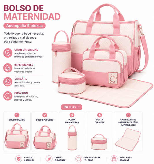 Maternal Bolsa de Mama's  – Set 5 Piezas Color Rosa 9026 💚